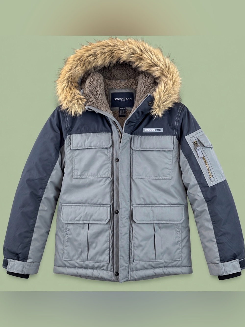 London Fog Boys Faux Fur Hooded Winter Parka Jacket M 10-12